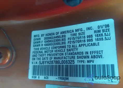 2006 Honda Element Ex-P из США, поврежденный, VIN 5J6YH28786L008325